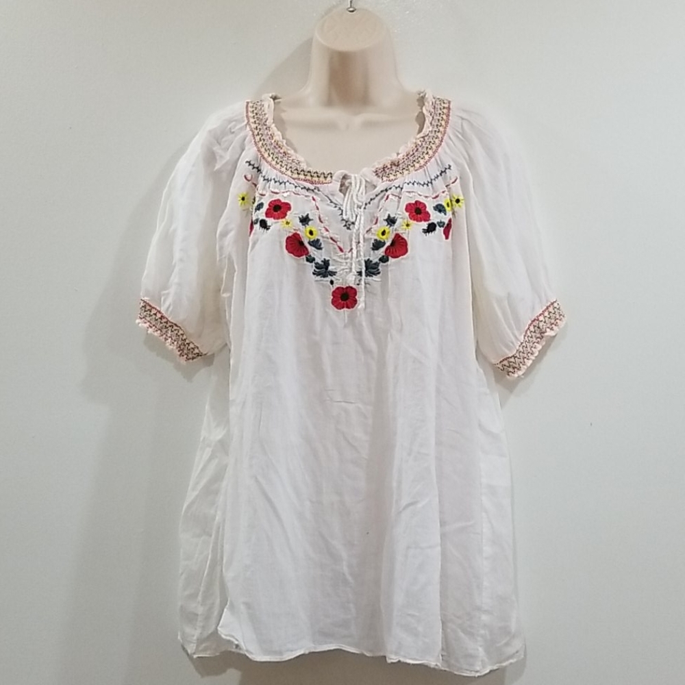 Too hot women's white multi color embroidered front and sleeve blouse